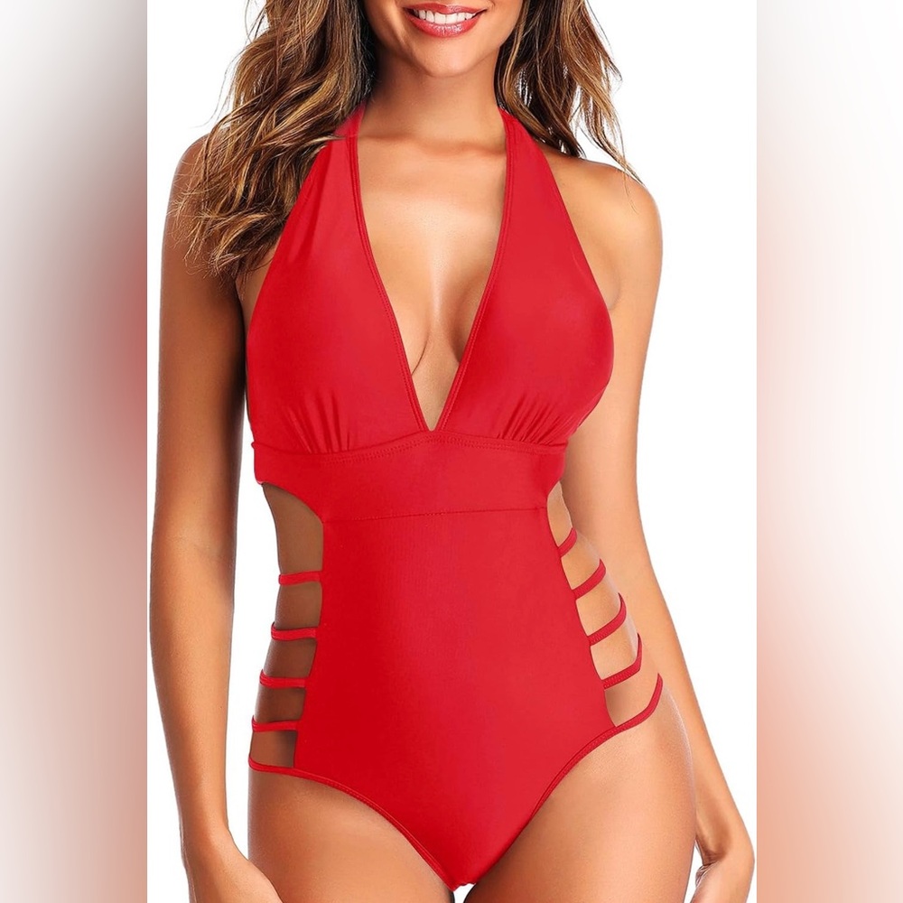 One Piece Swimsuits Plunge V Neck Halter Bathing Suits Cutout Monokini